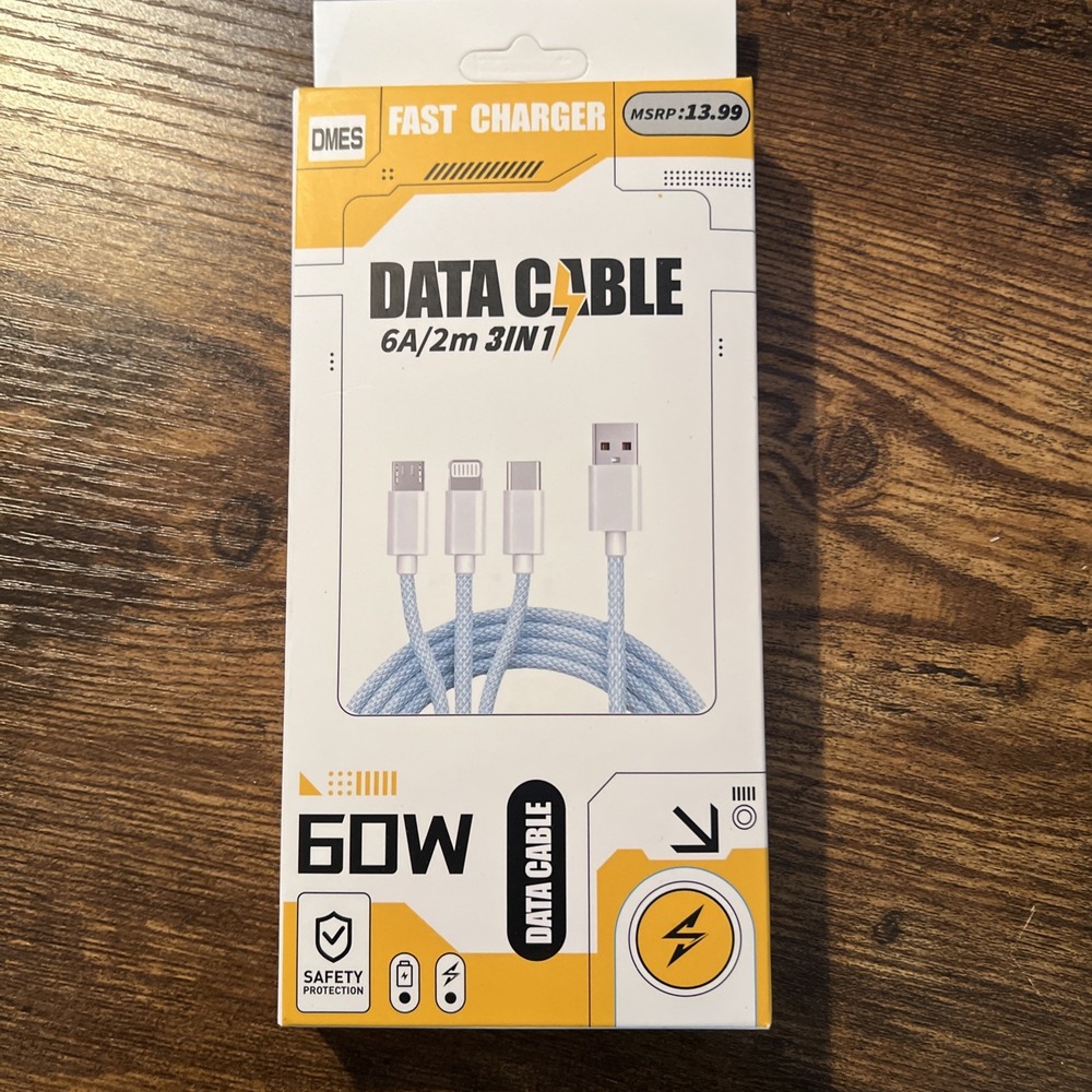 DMES 3-in-1 Fast Charging Cable 2m 60W USB-C Micro-USB Lightning Blue NEW